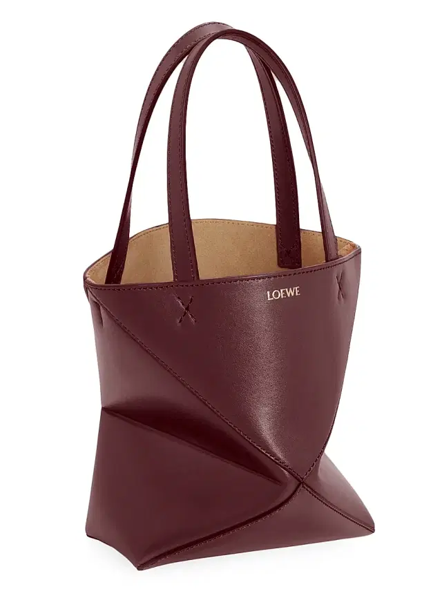 Women's Mini Puzzle Fold Leather Tote Bag - Dark Burgundy