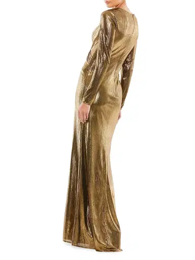 Mac Duggal Women's Metallic Long-Sleeve Asymmetrical Ruched Gown - Gold - Size 14 | Thumbnail 2