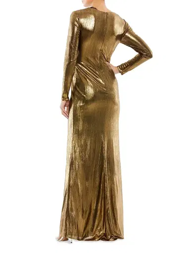 Mac Duggal Women's Metallic Long-Sleeve Asymmetrical Ruched Gown - Gold - Size 14 | Thumbnail 3