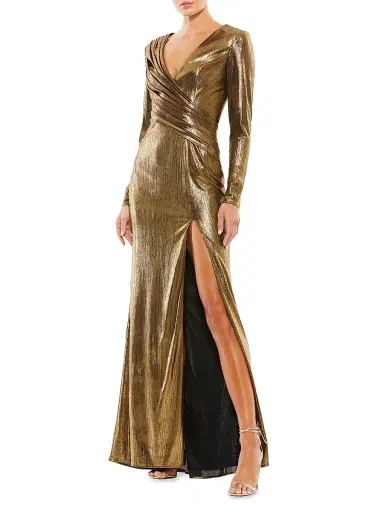 Mac Duggal Women's Metallic Long-Sleeve Asymmetrical Ruched Gown - Gold - Size 14 | Thumbnail 1