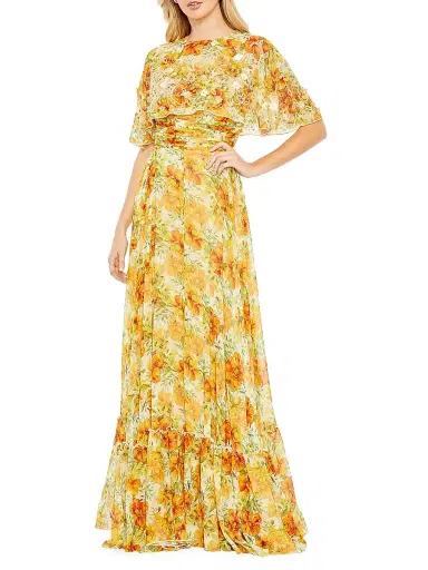 Mac Duggal Women's Embellished Floral Cape-Sleeve Gown | Thumbnail 2 Mac Duggal Women's Embellished Floral Cape-Sleeve Gown | Thumbnail 2