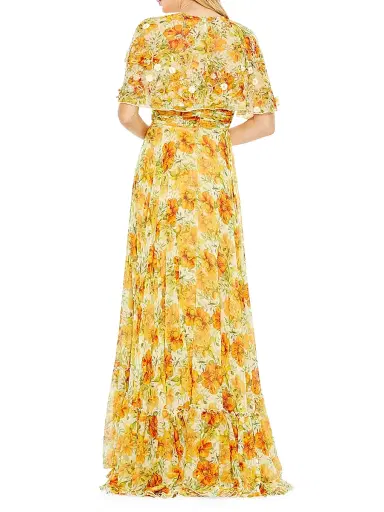 Mac Duggal Women's Embellished Floral Cape-Sleeve Gown | Thumbnail 3 Mac Duggal Women's Embellished Floral Cape-Sleeve Gown | Thumbnail 3