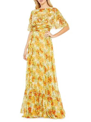 Mac Duggal Women's Embellished Floral Cape-Sleeve Gown | Thumbnail 1 Mac Duggal Women's Embellished Floral Cape-Sleeve Gown | Thumbnail 1