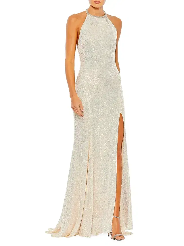 Mac Duggal Women's Ieena Sequin High-Neck Rhinestone-Trim Column Gown