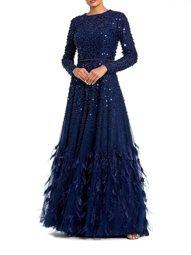 Mac Duggal Women's Sequin & Feather Embellished Gown - Midnight