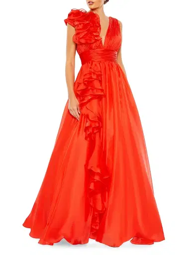 Mac Duggal Women's Satin Plunge Ruffled A-Line Gown - Cherry | Thumbnail 1 Mac Duggal Women's Satin Plunge Ruffled A-Line Gown - Cherry | Thumbnail 1
