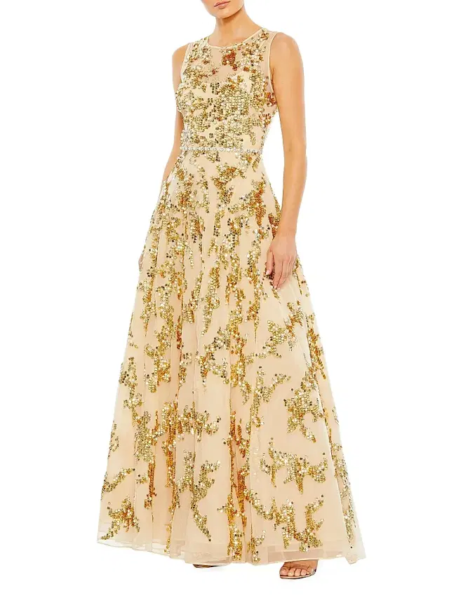 Women's Embellished A-Line Gown - Beige
