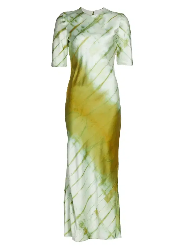 Women's Silk Short-Sleeve Midi-Dress - Green Shibori
