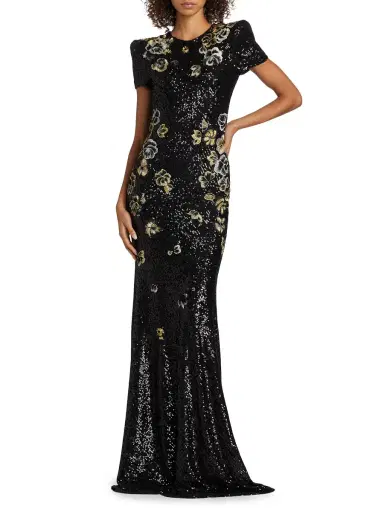 Naeem Khan Women's Floral-Embroidered Sequined Gown - Black Gold | Thumbnail 1 Naeem Khan Women's Floral-Embroidered Sequined Gown - Black Gold | Thumbnail 1