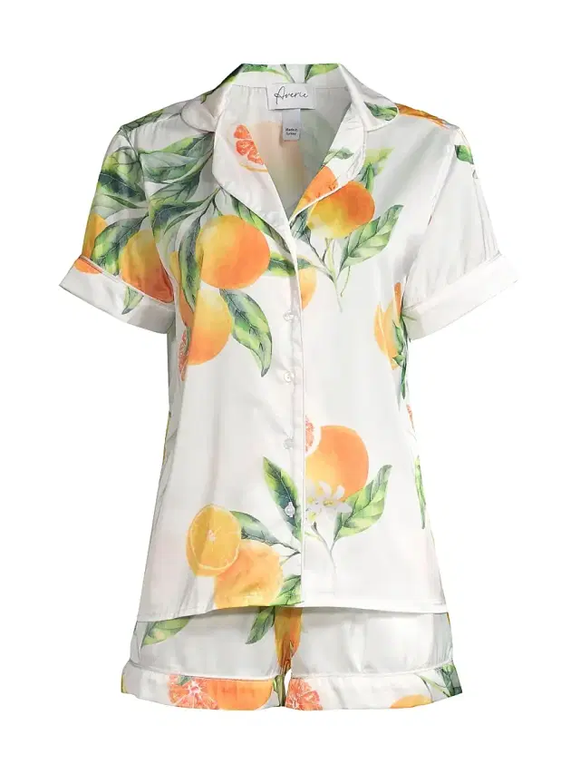 Averie Women's Two-Piece Orange & Grapefruits Print Shorts Pajama Set - White