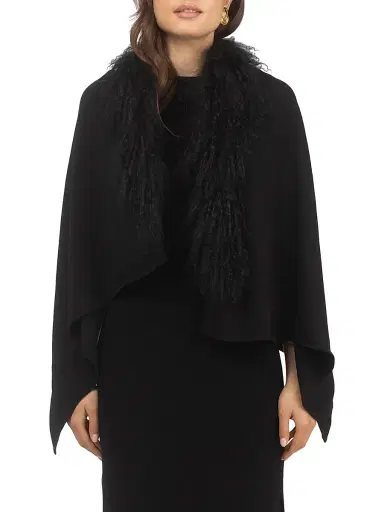 Gorski Women's Stole with Select Mongolian Lamb Trim - Black | Thumbnail 2 Gorski Women's Stole with Select Mongolian Lamb Trim - Black | Thumbnail 2