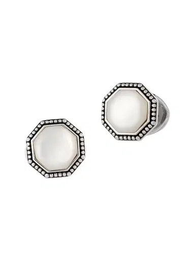 Jan Leslie Men's Mother Of Pearl & Sterling Silver Antique Bordered Cufflinks - Silver White Pearl | Thumbnail 1 Jan Leslie Men's Mother Of Pearl & Sterling Silver Antique Bordered Cufflinks - Silver White Pearl | Thumbnail 1