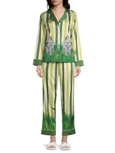 Averie Women's Two-Piece Stripes & Jungle Print Pajama Set - Olive Gold - Size XL | Thumbnail 2