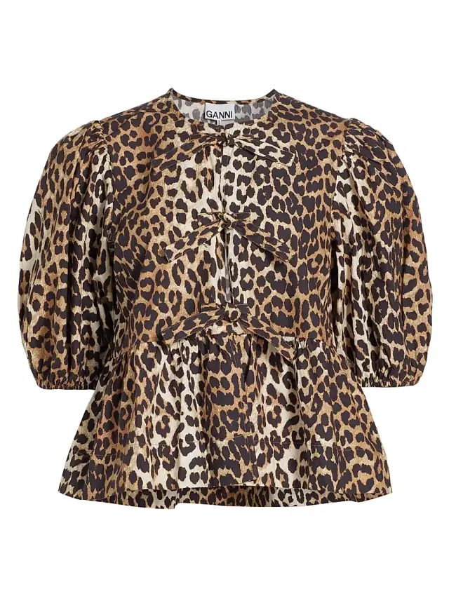 Ganni Women's Leopard Poplin Peplum Blouse - Leopard