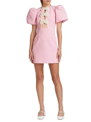 Rebecca Vallance Women's Veronica Pearl Bow Puff-Sleeve Minidress - Pink | Thumbnail 2