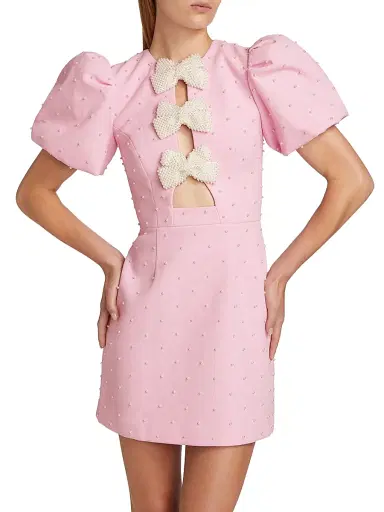 Rebecca Vallance Women's Veronica Pearl Bow Puff-Sleeve Minidress - Pink | Thumbnail 3