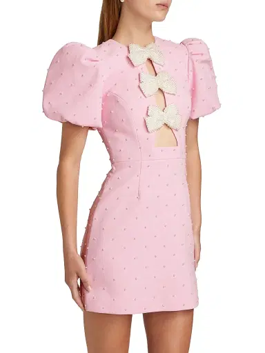 Rebecca Vallance Women's Veronica Pearl Bow Puff-Sleeve Minidress - Pink | Thumbnail 4
