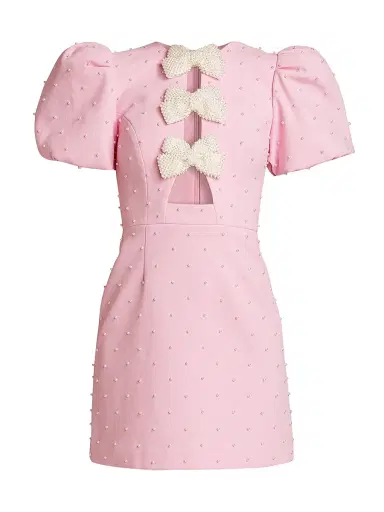 Rebecca Vallance Women's Veronica Pearl Bow Puff-Sleeve Minidress - Pink | Thumbnail 1