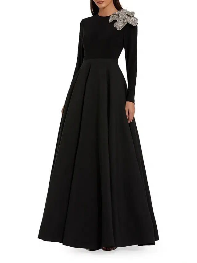 Mac Duggal Women's Floral Appliqué Mix Media A-Line Gown - Black