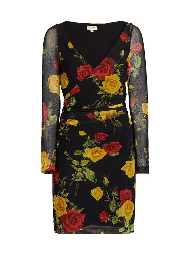 L'AGENCE Women's Reiner Floral Faux-Wrap Minidress - Black Red Yellow Rose