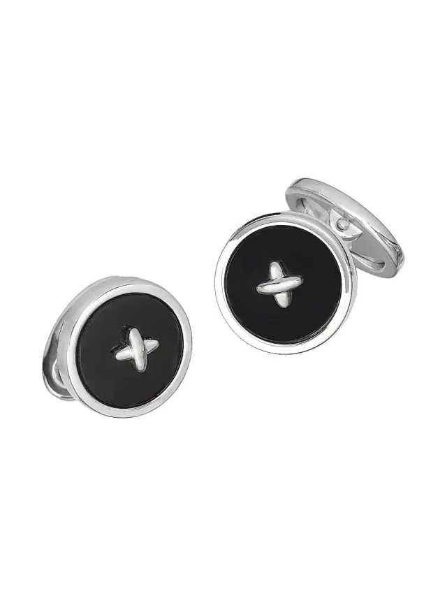Men's Sterling Silver Black Onyx Button Cufflinks - Black