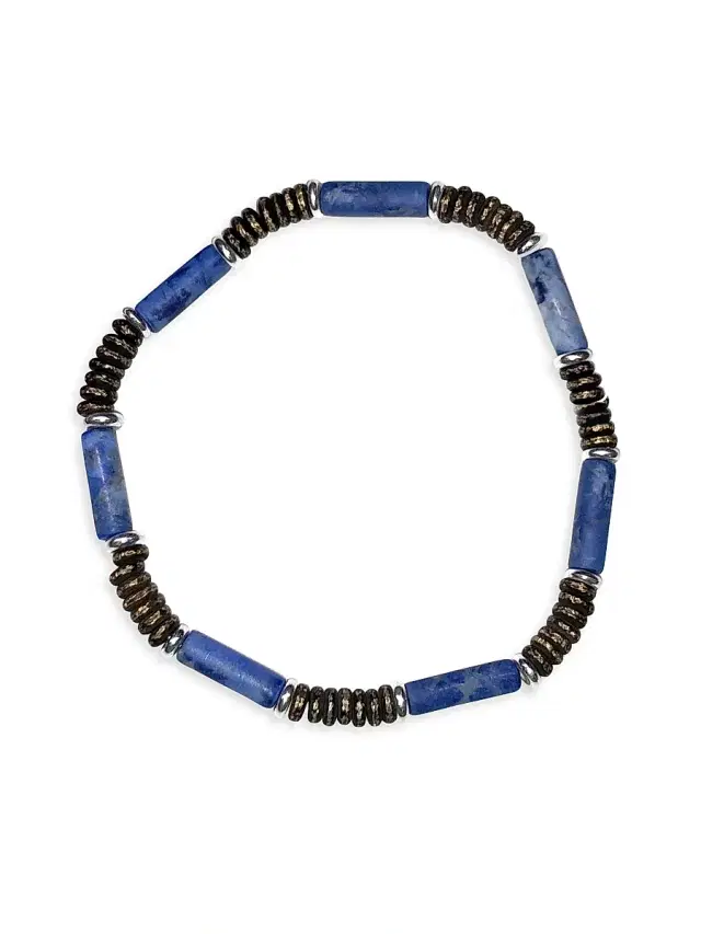 Men's Blue Lapis & Sterling Silver Beaded Bracelet - Blue Lapis