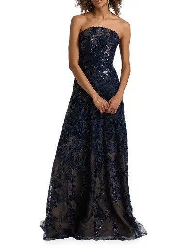 Rene Ruiz Collection Women's Floral Beaded Strapless A-Line Gown - Navy - Size 14 | Thumbnail 2