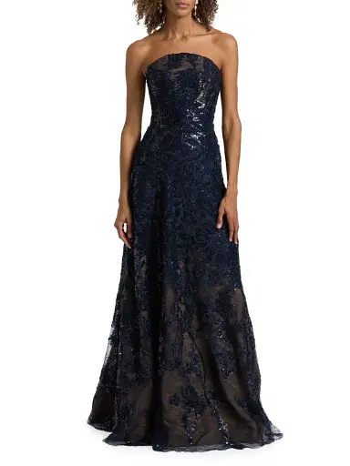 Rene Ruiz Collection Women's Floral Beaded Strapless A-Line Gown - Navy - Size 14 | Thumbnail 3