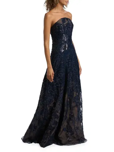 Rene Ruiz Collection Women's Floral Beaded Strapless A-Line Gown - Navy - Size 14 | Thumbnail 4