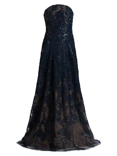 Rene Ruiz Collection Women's Floral Beaded Strapless A-Line Gown - Navy - Size 14 | Thumbnail 1