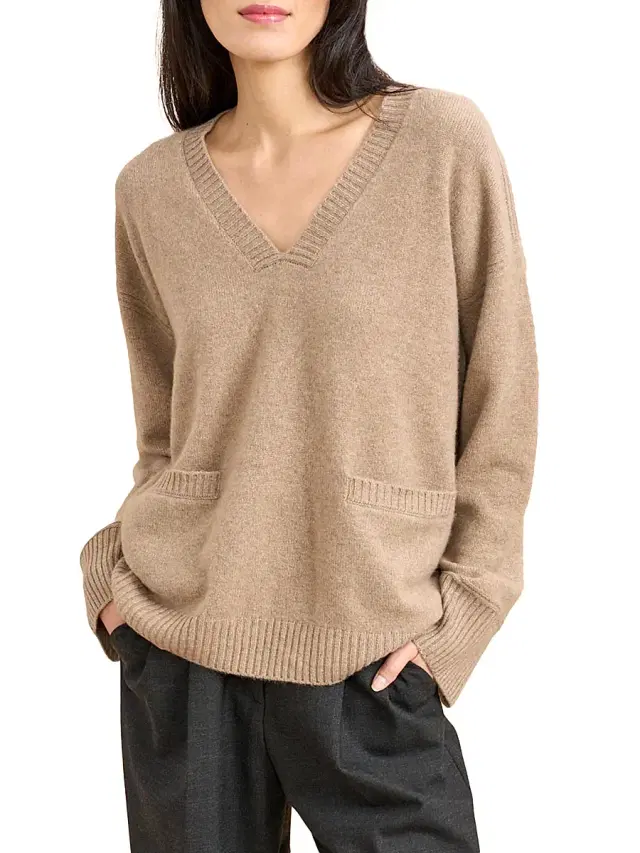 Women's Fine V-Neck Sweater - Dark Beige