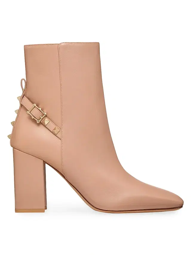 Valentino Garavani Women's Rockstud Leather Block Heel Booties - Rose Cannelle