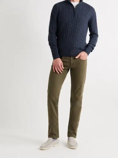 Loro Piana Suede-Trimmed Cable-Knit Baby Cashmere Half-Zip Sweater - Men | Thumbnail 2