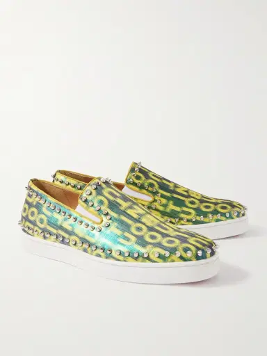 Christian Louboutin Pik Boat Spiked Glittered Logo-Print Canvas Slip-On Sneakers - Men | Thumbnail 4