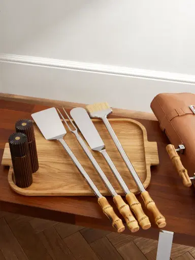 Lorenzi Milano Bamboo, Leather and Stainless Steel Travel BBQ Set - Men | Thumbnail 2 Lorenzi Milano Bamboo, Leather and Stainless Steel Travel BBQ Set - Men | Thumbnail 2