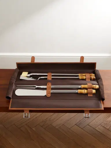 Lorenzi Milano Bamboo, Leather and Stainless Steel Travel BBQ Set - Men | Thumbnail 1 Lorenzi Milano Bamboo, Leather and Stainless Steel Travel BBQ Set - Men | Thumbnail 1