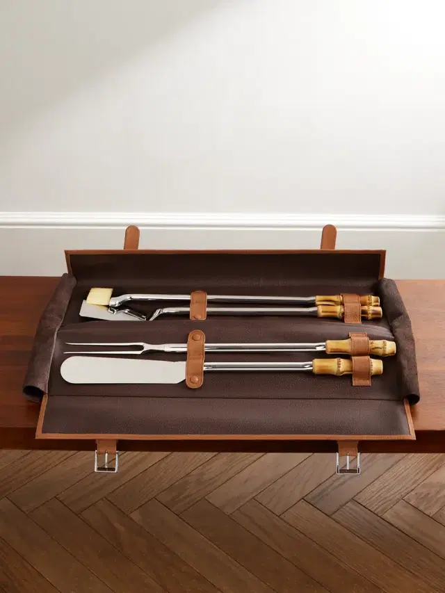 Lorenzi Milano Bamboo, Leather and Stainless Steel Travel BBQ Set - Men