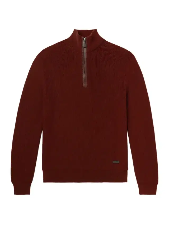 Loro Piana Leather-Trimmed Ribbed Wool Half-Zip Sweatshirt - Men