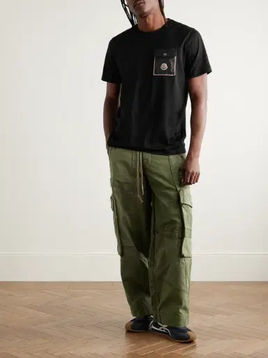Moncler Logo-Appliquéd Shell-Trimmed Cotton-Jersey T-Shirt - Men | Thumbnail 2 Moncler Logo-Appliquéd Shell-Trimmed Cotton-Jersey T-Shirt - Men | Thumbnail 2