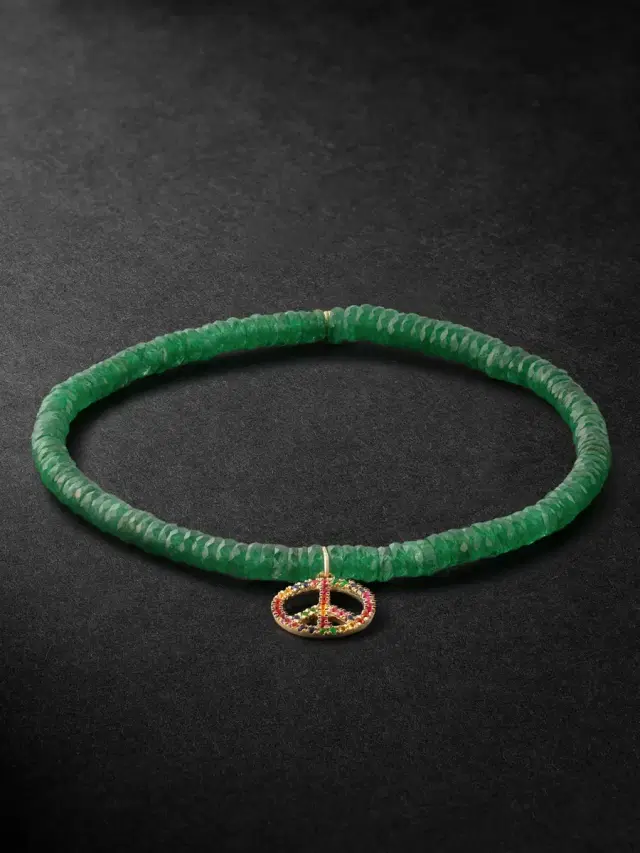 Sydney Evan Rainbow Peace Sign Gold Multi-Stone Beaded Bracelet - Men