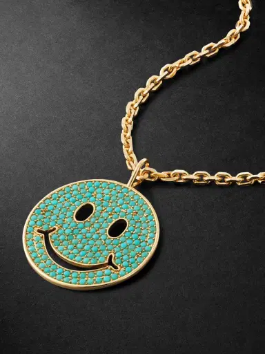 Sydney Evan XL Happy Face Gold Turquoise Pendant Necklace - Men | Thumbnail 4