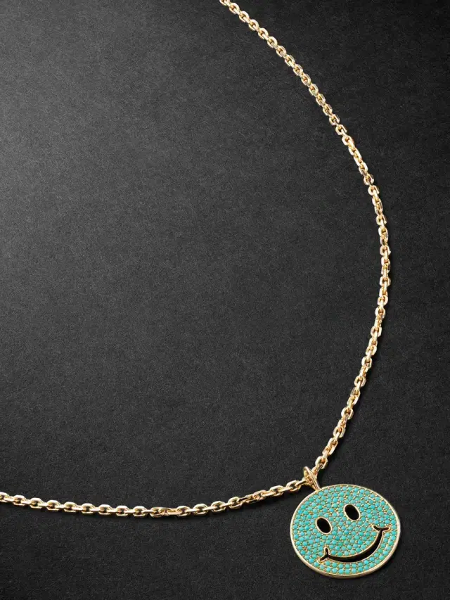 Sydney Evan XL Happy Face Gold Turquoise Pendant Necklace - Men