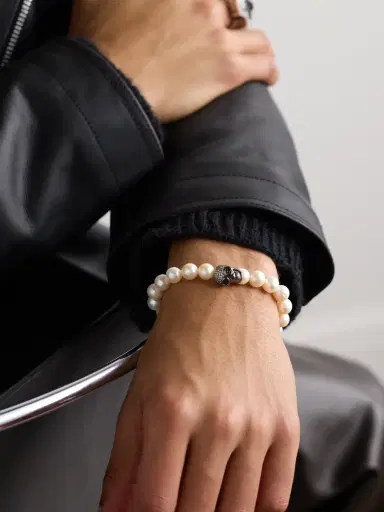 Sydney Evan Skull Rhodium-Plated, Diamond and Pearl Beaded Bracelet - Men | Thumbnail 2 Sydney Evan Skull Rhodium-Plated, Diamond and Pearl Beaded Bracelet - Men | Thumbnail 2