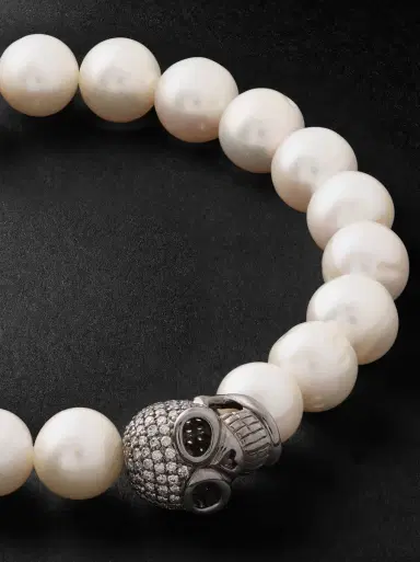 Sydney Evan Skull Rhodium-Plated, Diamond and Pearl Beaded Bracelet - Men | Thumbnail 4 Sydney Evan Skull Rhodium-Plated, Diamond and Pearl Beaded Bracelet - Men | Thumbnail 4