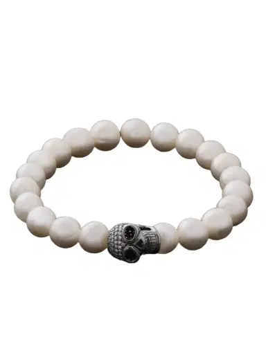 Sydney Evan Skull Rhodium-Plated, Diamond and Pearl Beaded Bracelet - Men | Thumbnail 1 Sydney Evan Skull Rhodium-Plated, Diamond and Pearl Beaded Bracelet - Men | Thumbnail 1