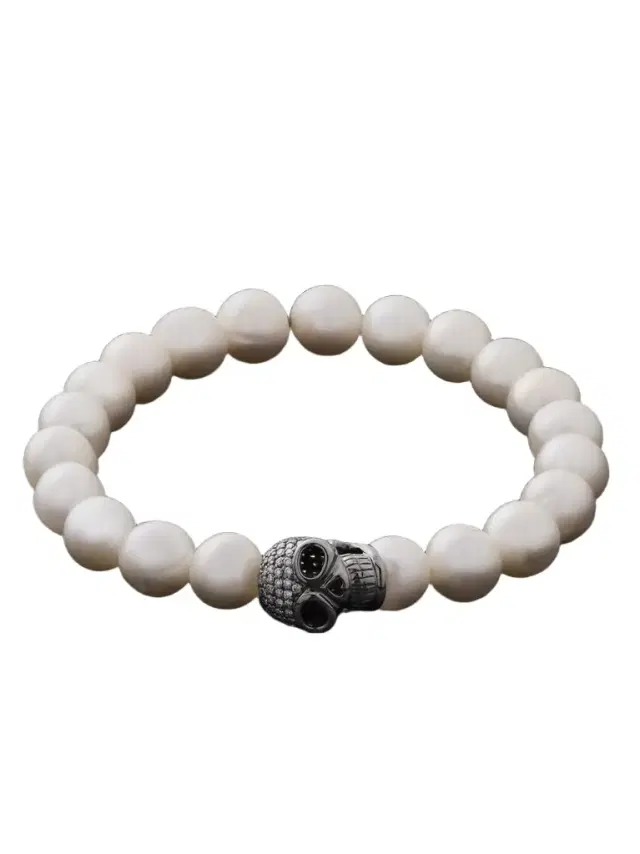 Sydney Evan Skull Rhodium-Plated, Diamond and Pearl Beaded Bracelet - Men