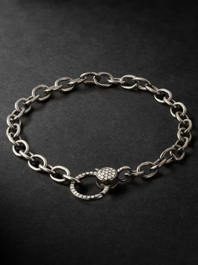Oxidised Sterling Silver, 14-Karat White Gold and Diamond Chain Bracelet - Men