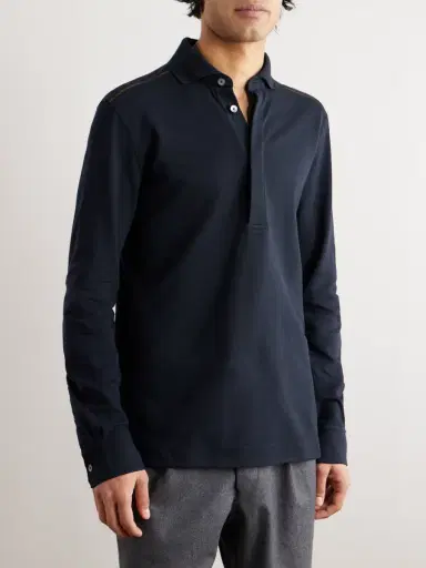 Zegna Leather-Trimmed Cotton-Piqué Polo Shirt - Men | Thumbnail 3