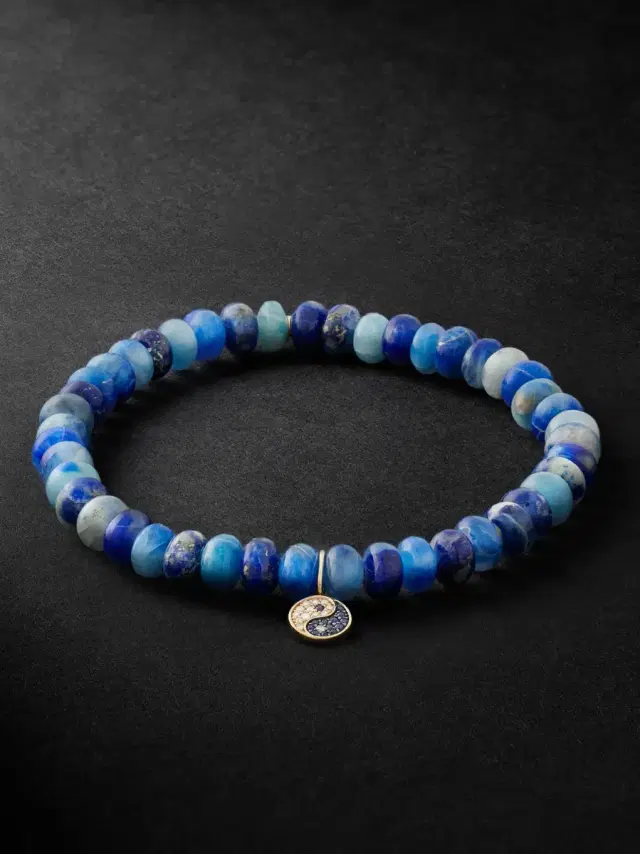 Small Yin Yang Rhodium-Plated Multi-Stone Beaded Bracelet - Men