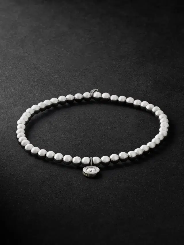 Rhodium-Plated Diamond Beaded Bracelet - Men